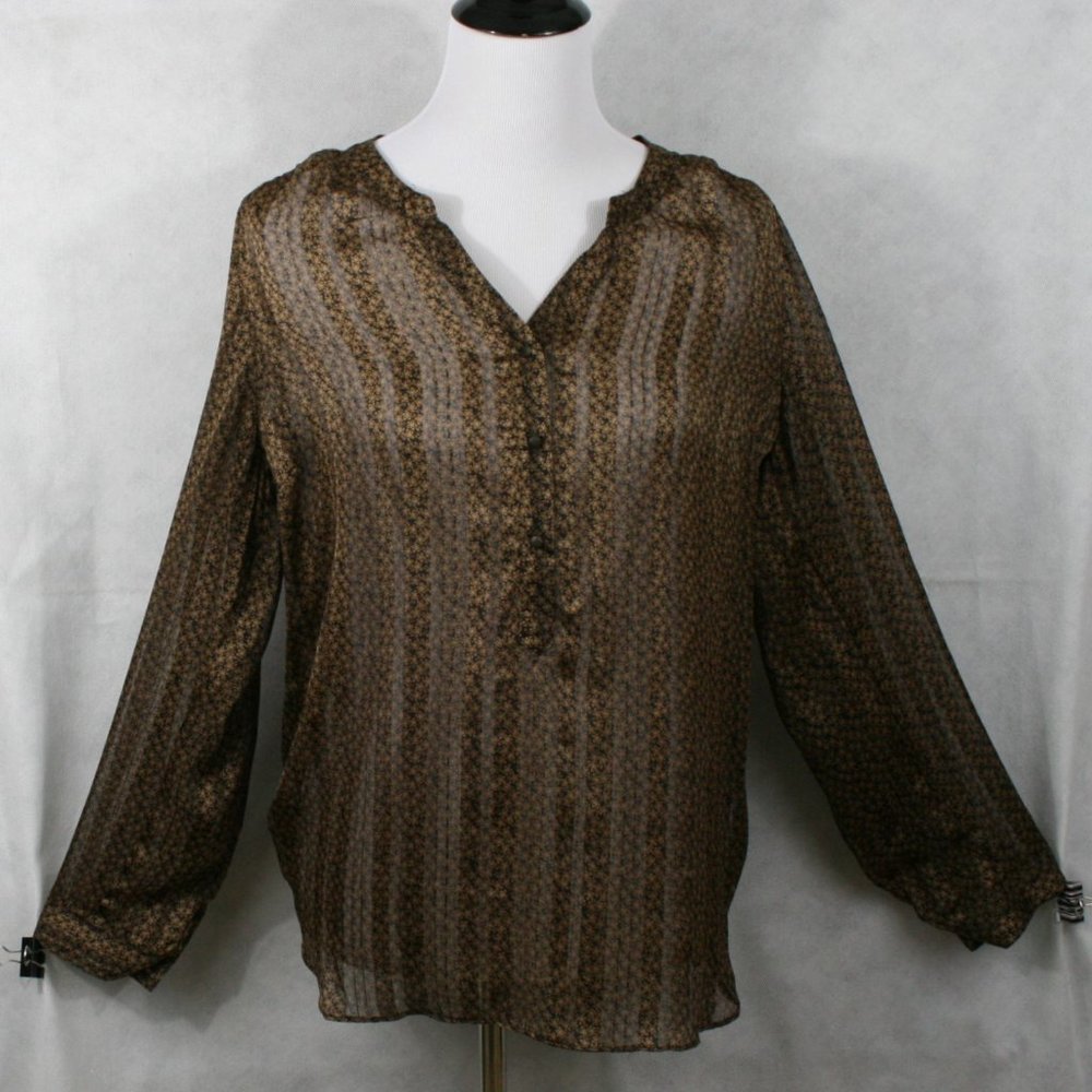 ROZ & ALI Brown & Black Floral Sheer Polyester Blouse SZ M EUC - Picture 2 of 9